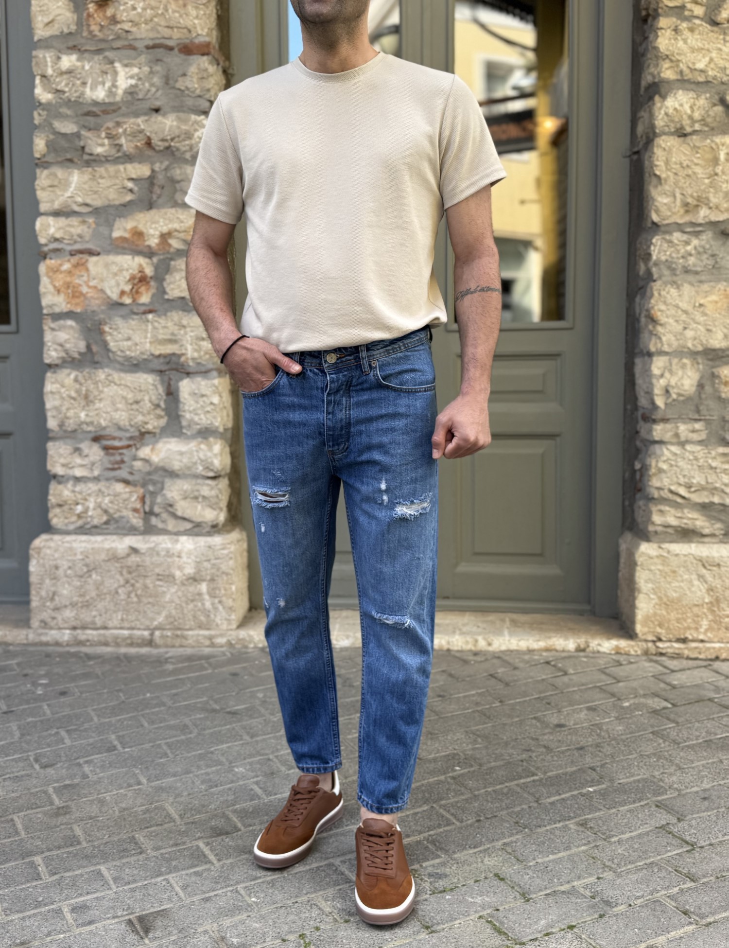 Ανδρικό μπλε με σκισίματα σταθερό Loose Jean πεντάτσεπο με κουμπιά BF3026 φωτογραφία
